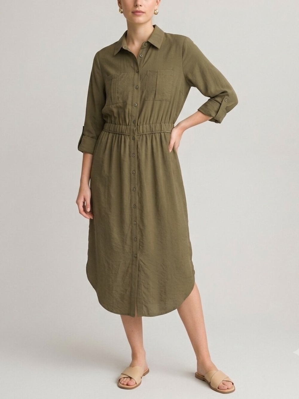 Maeve Anthropologie Shirt Maxi Dress Button Down Olive Green 8 M Safari Casual